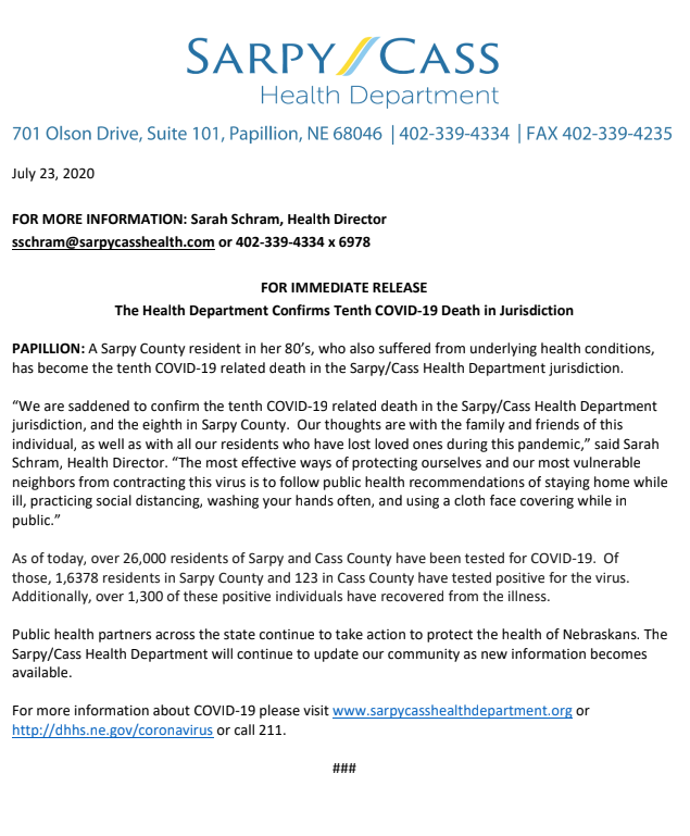Sarpy health update jul 23